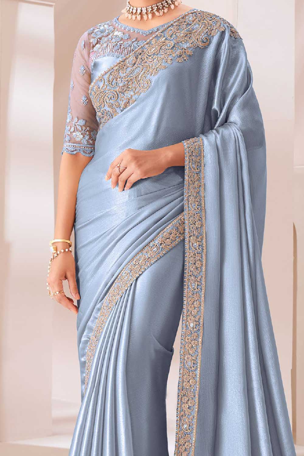 Beguiling Border Work On Sky Blue Color Chiffon Fabric Saree