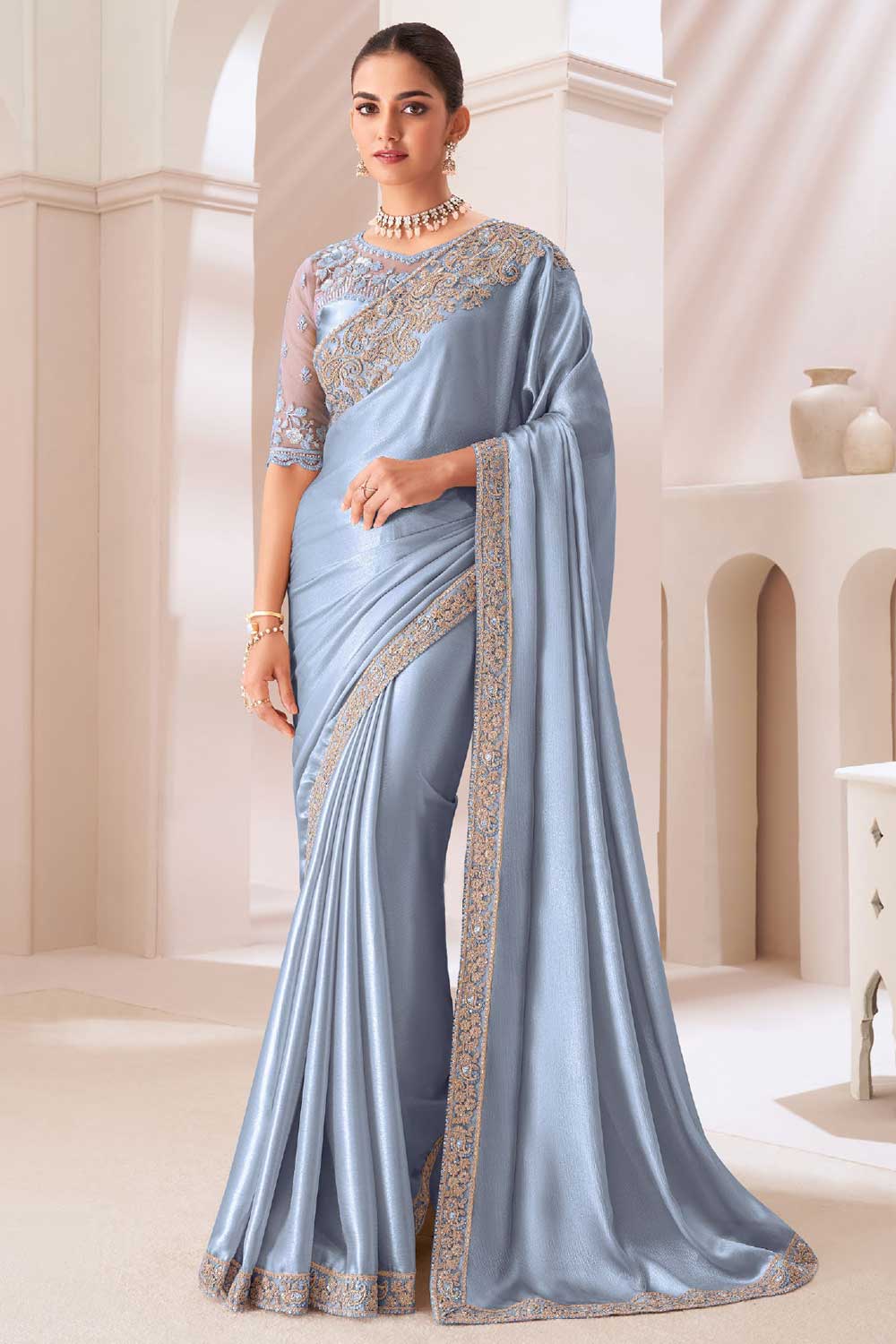 Beguiling Border Work On Sky Blue Color Chiffon Fabric Saree