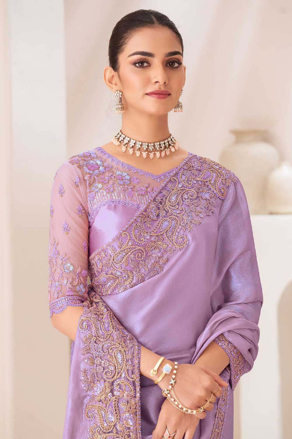 Incredible Border Work On Chiffon Fabric Lavender Color Saree