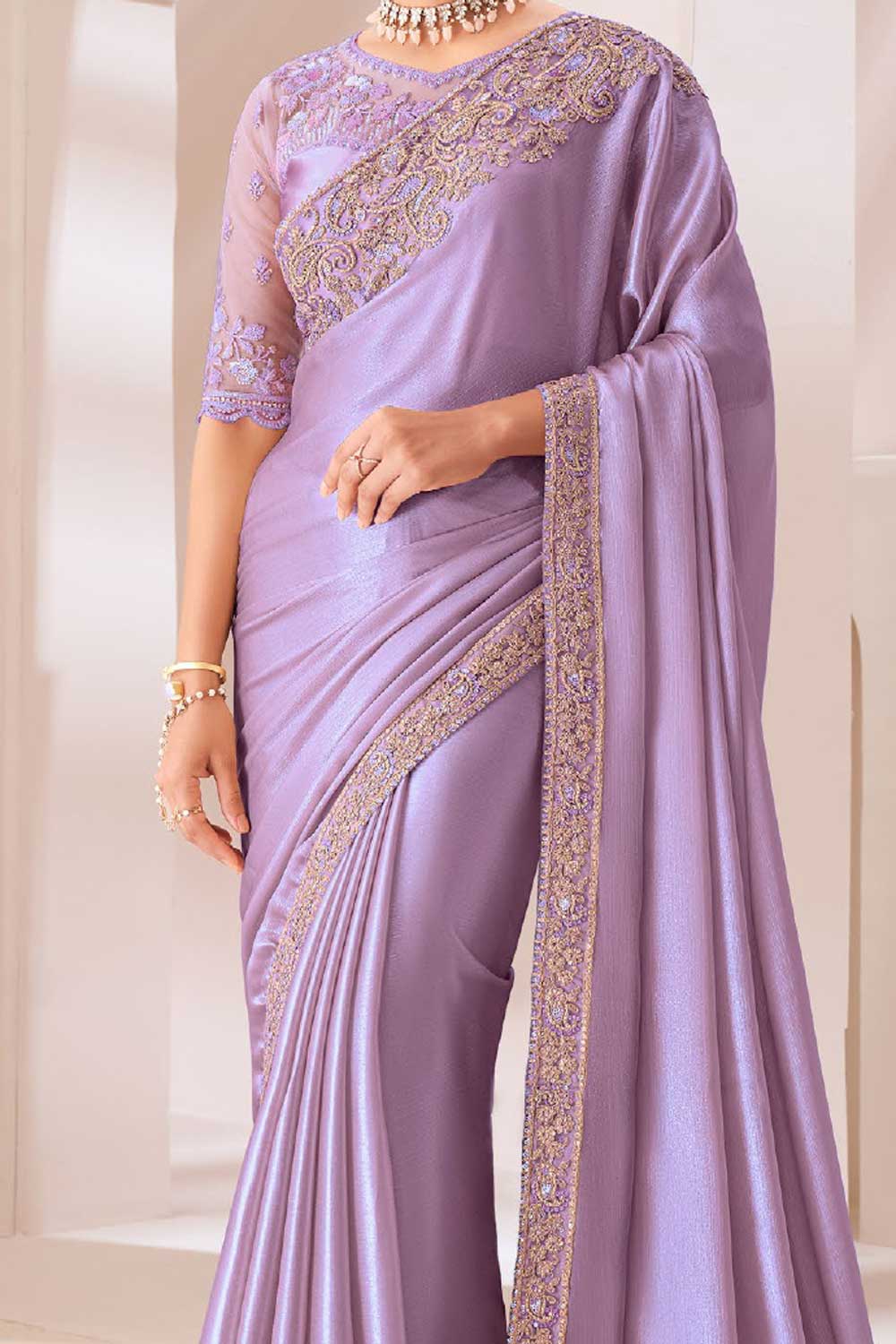 Incredible Border Work On Chiffon Fabric Lavender Color Saree