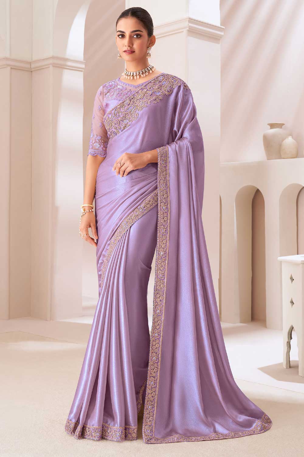 Incredible Border Work On Chiffon Fabric Lavender Color Saree