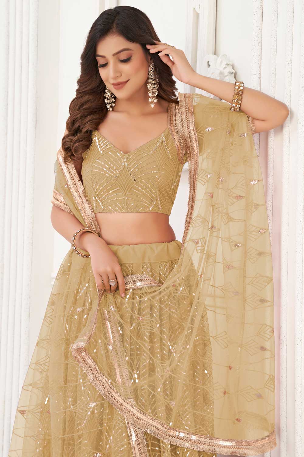 Net Fabric Beige Color Beatific Look Lehenga