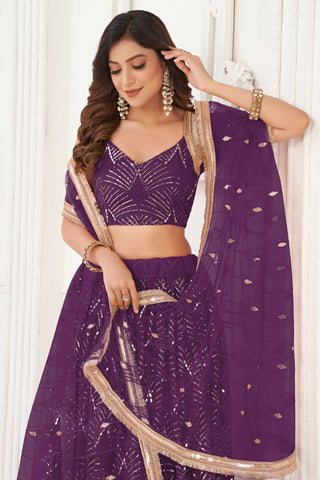 Net Fabric Captivating Purple Color Lehenga