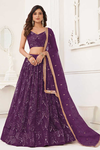 Net Fabric Captivating Purple Color Lehenga