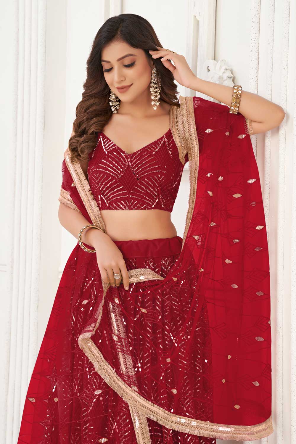 Red Color Net Fabric Glamorous Look Lehenga