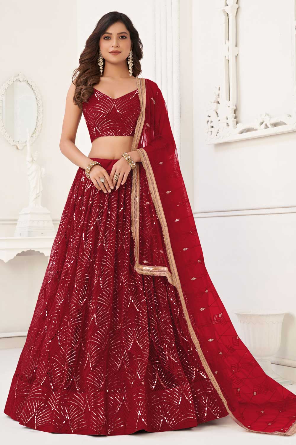 Red Color Net Fabric Glamorous Look Lehenga