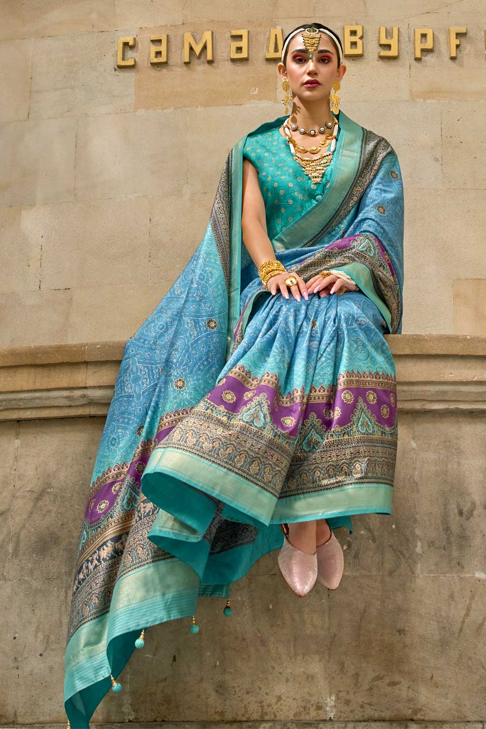 Sky Blue Color Viscose Fabric Beatific Printed Saree