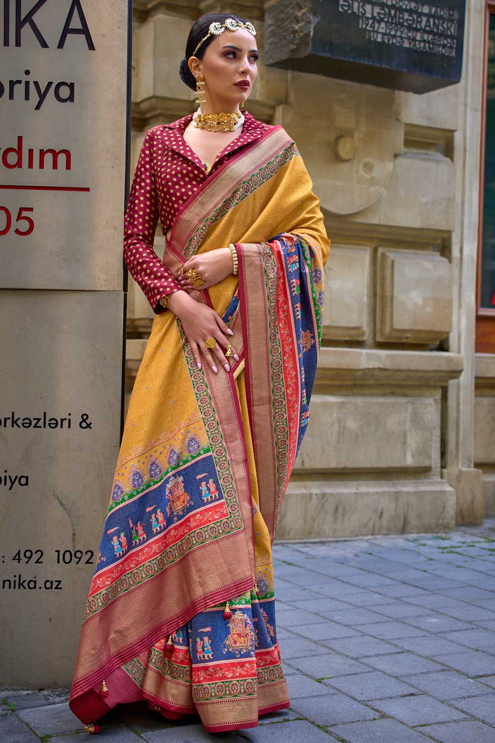 Tempting Viscose Fabric Yellow Color Printed Saree