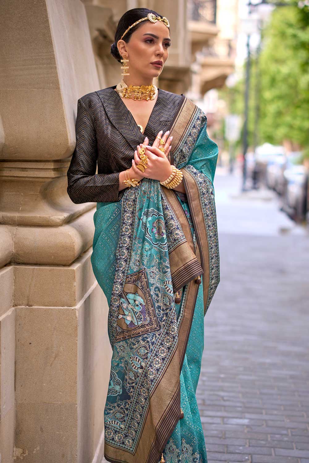 Classic Cyan Color Printed Saree In Viscose Fabric