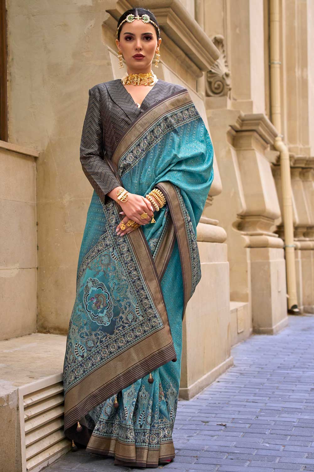 Classic Cyan Color Printed Saree In Viscose Fabric