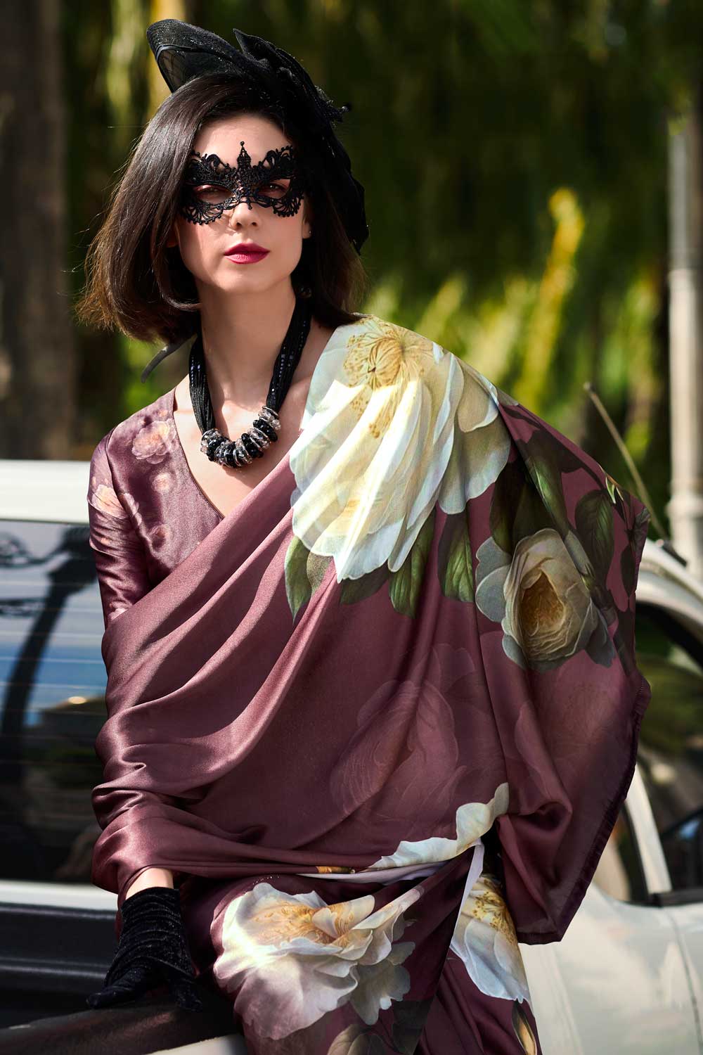 Printed Work On Brown Color Sober Saree In Satin Fabric