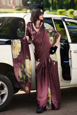 Printed Work On Brown Color Sober Saree In Satin Fabric