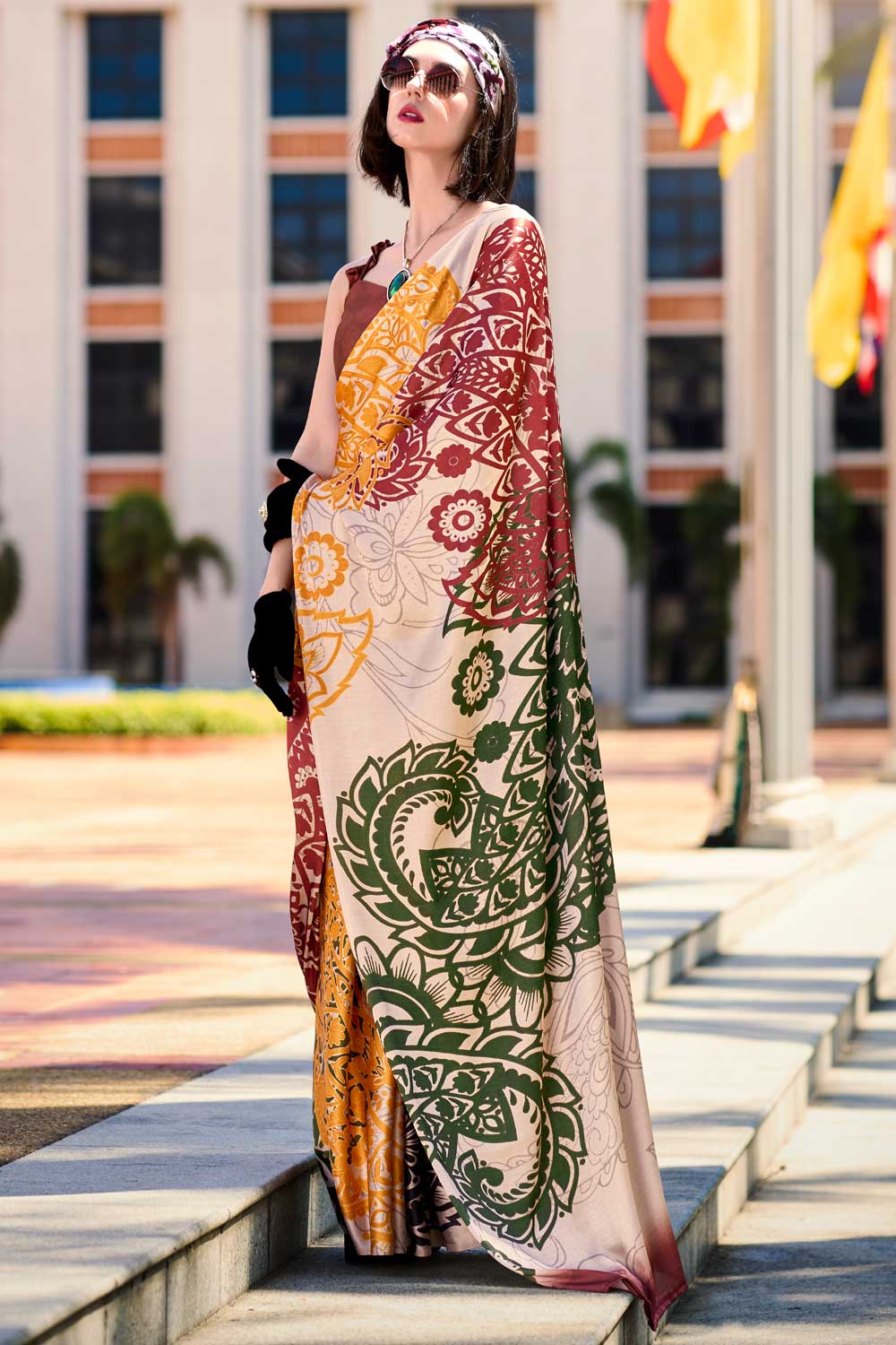 Creative Printed Work On Multi Color Satin Fabric Saree