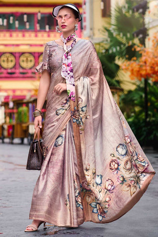 Excellent Satin Fabric Beige Color Saree With Printed Work