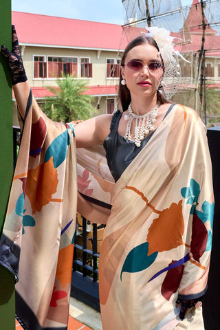 Beguiling Printed Work On Cream Color Satin Fabric Saree