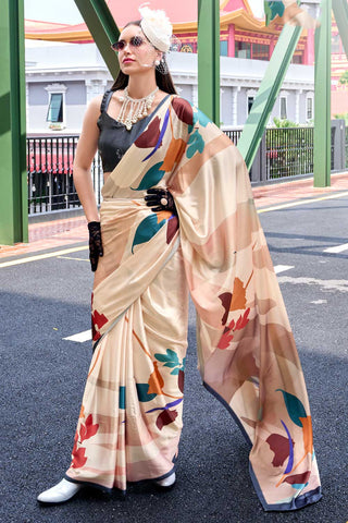 Beguiling Printed Work On Cream Color Satin Fabric Saree