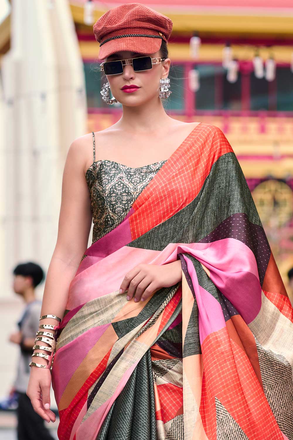 Incredible Printed Work On Satin Fabric Olive Color Saree