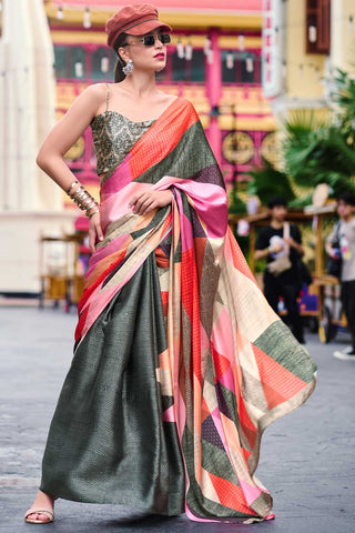 Incredible Printed Work On Satin Fabric Olive Color Saree