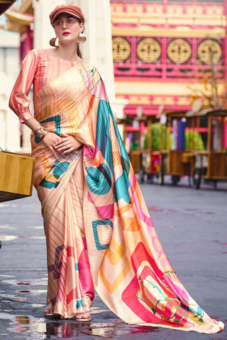 Tempting Satin Fabric Multi Color Saree With Printed Work