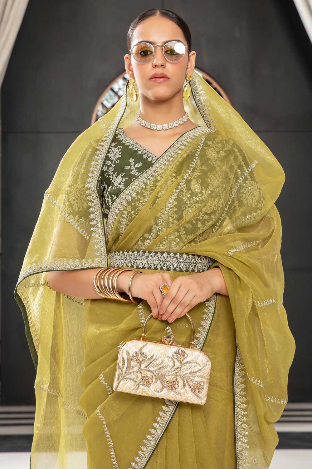 Yellow Color Lace Work Organza Saree For Function