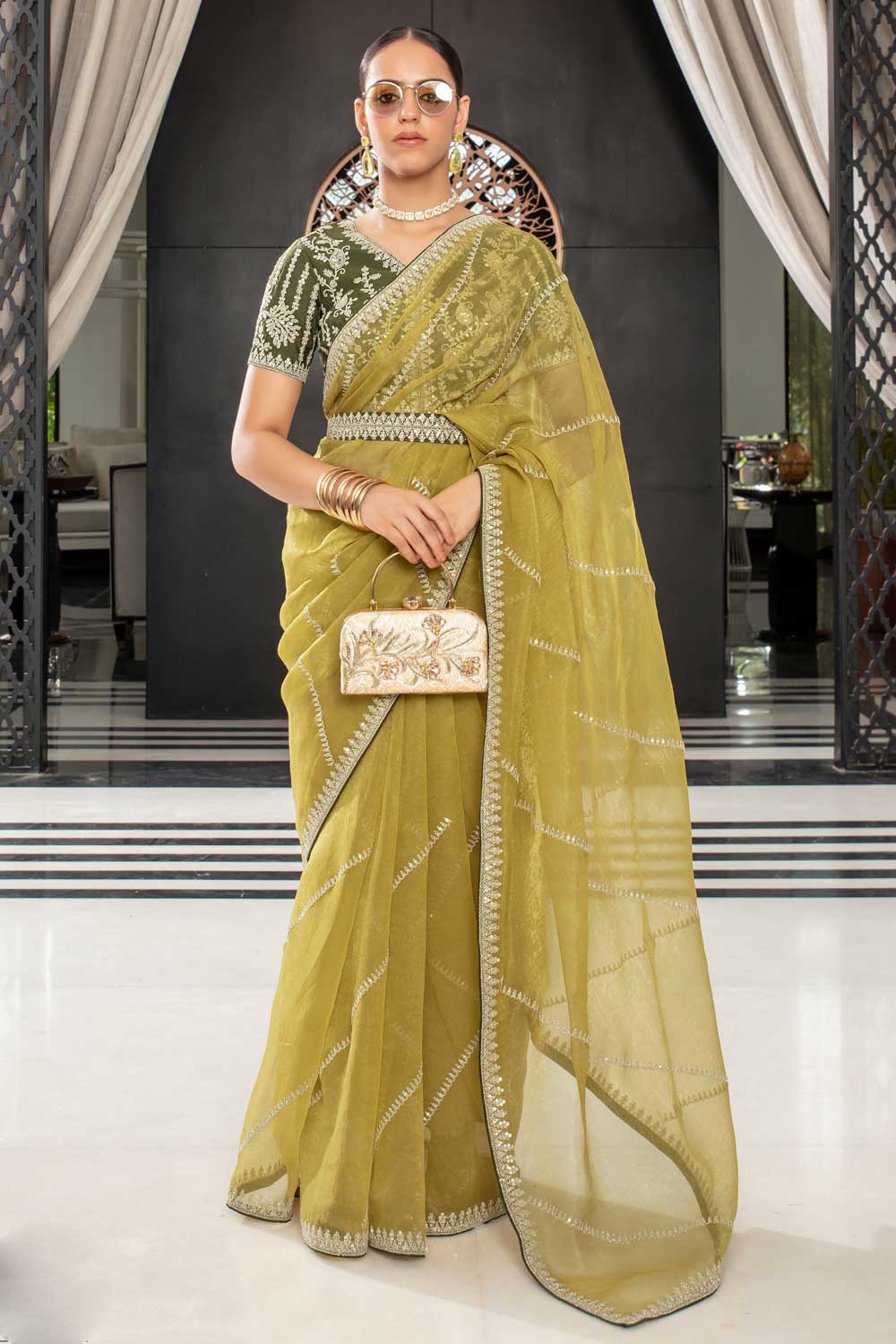 Yellow Color Lace Work Organza Saree For Function