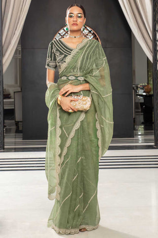 Stylish Green Color Lace Work Organza Saree