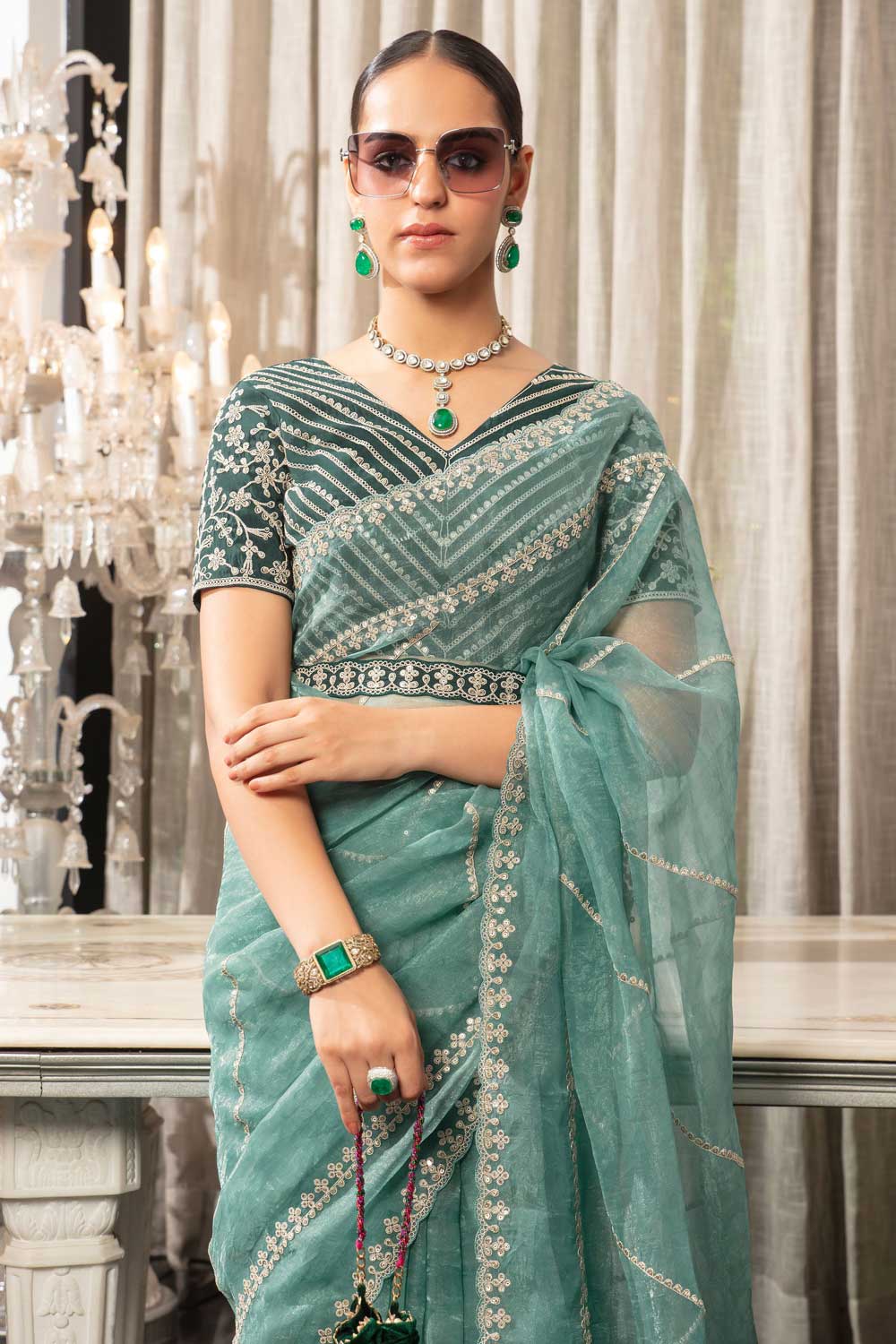 Function look Organza Lace Work Saree in Light Cyan Color