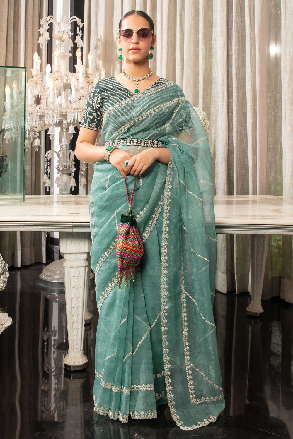 Function look Organza Lace Work Saree in Light Cyan Color