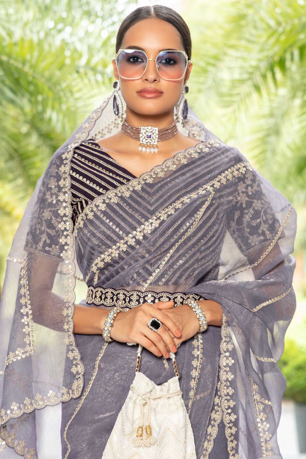 Grey Color Organza Saree with Lace Work