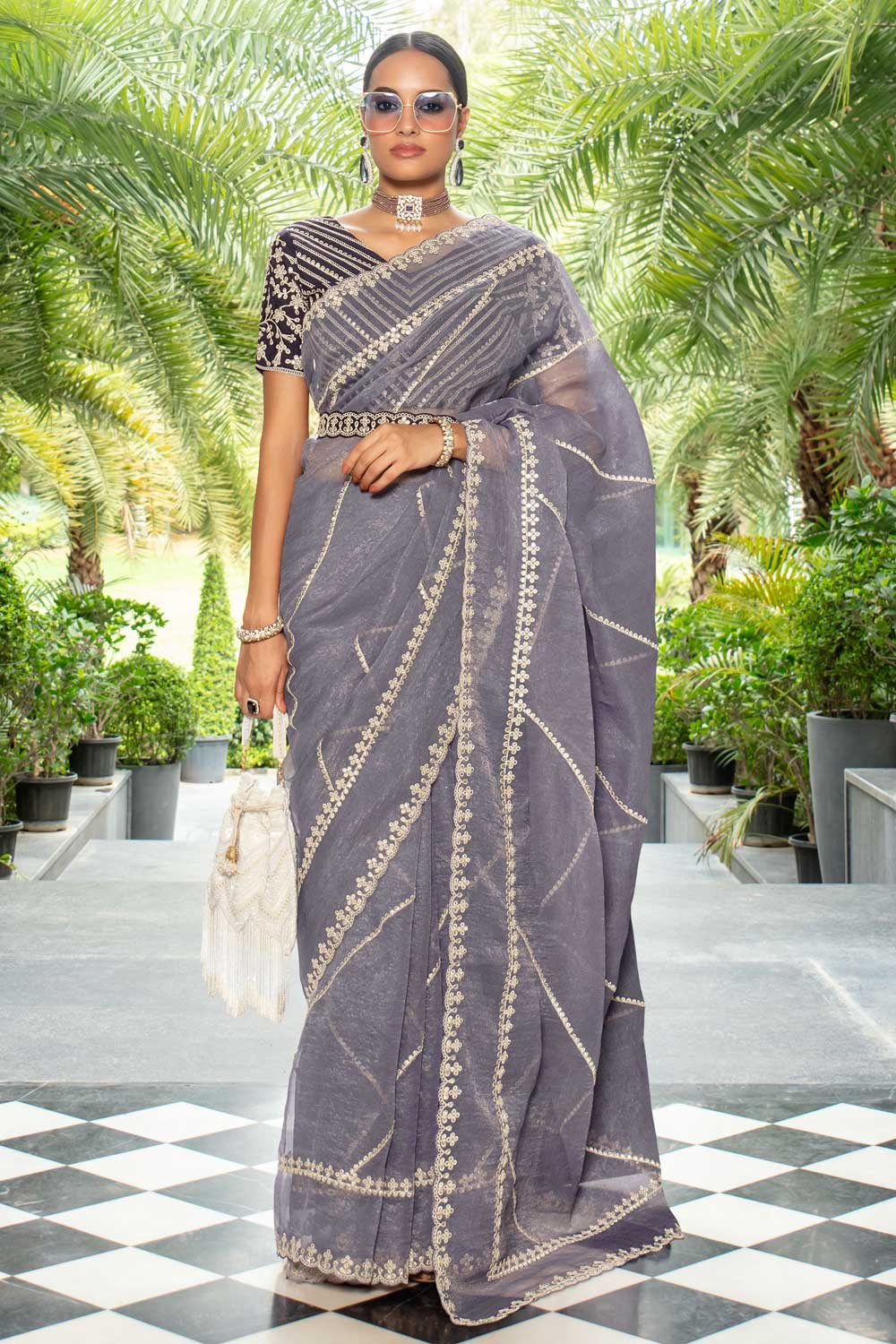 Grey Color Organza Saree with Lace Work