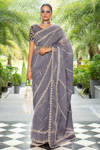 Grey Color Organza Saree with Lace Work