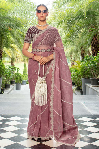 Stunning Pink Color Organza Lace Work Saree for Function