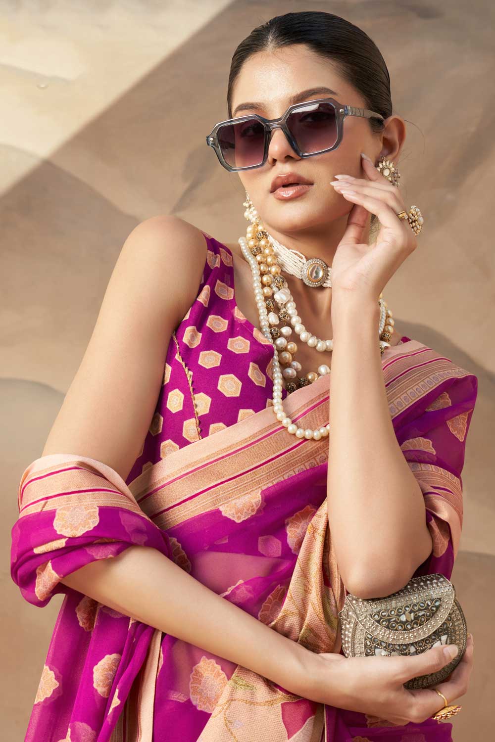 Entrancing Georgette Fabric Saree In Magenta Color With Printed Work | Buy Online India