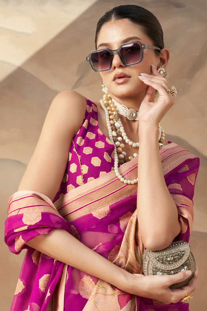 Entrancing Georgette Fabric Saree In Magenta Color With Printed Work | Buy Online India