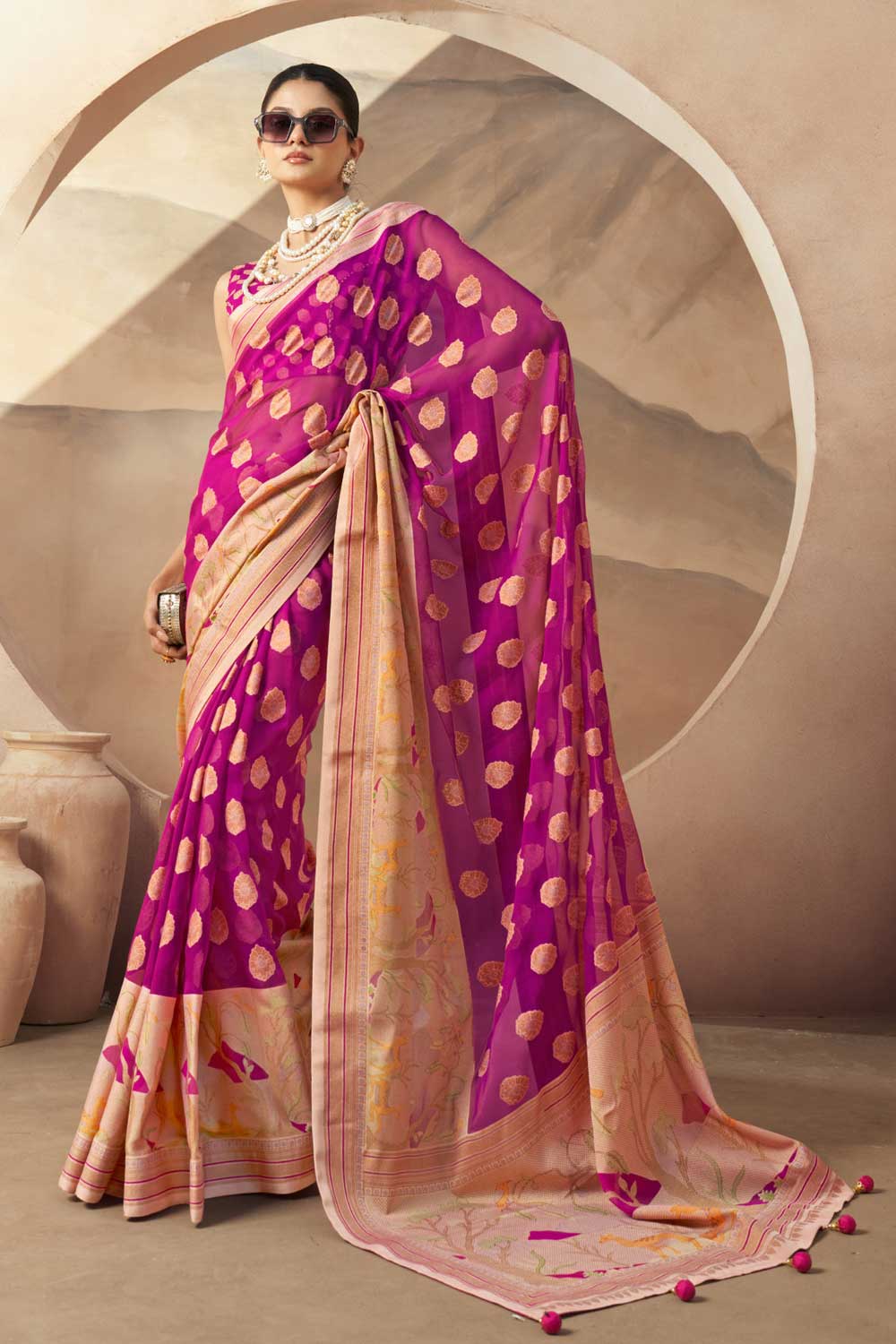 Entrancing Georgette Fabric Saree In Magenta Color With Printed Work