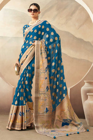 Charming Cyan Color Georgette Fabric Saree With Printed Work