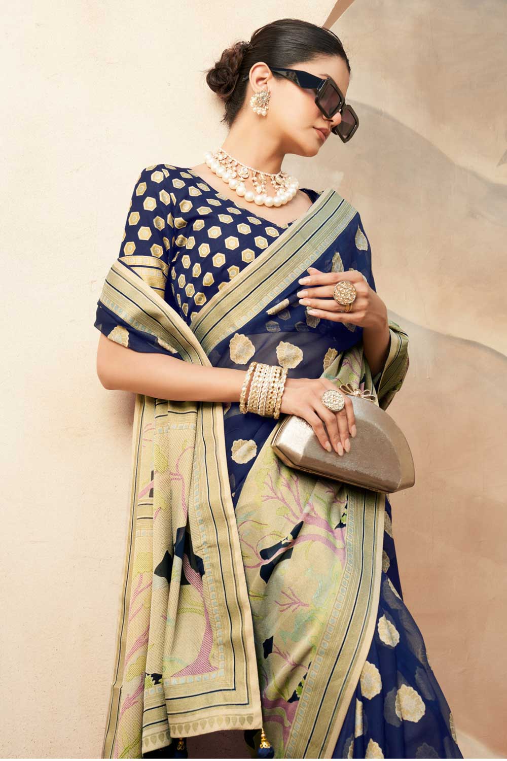 Mesmeric Navy Blue Color Printed Work On Saree In Georgette Fabric