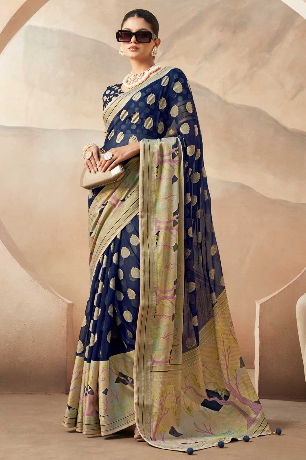 Mesmeric Navy Blue Color Printed Work On Saree In Georgette Fabric