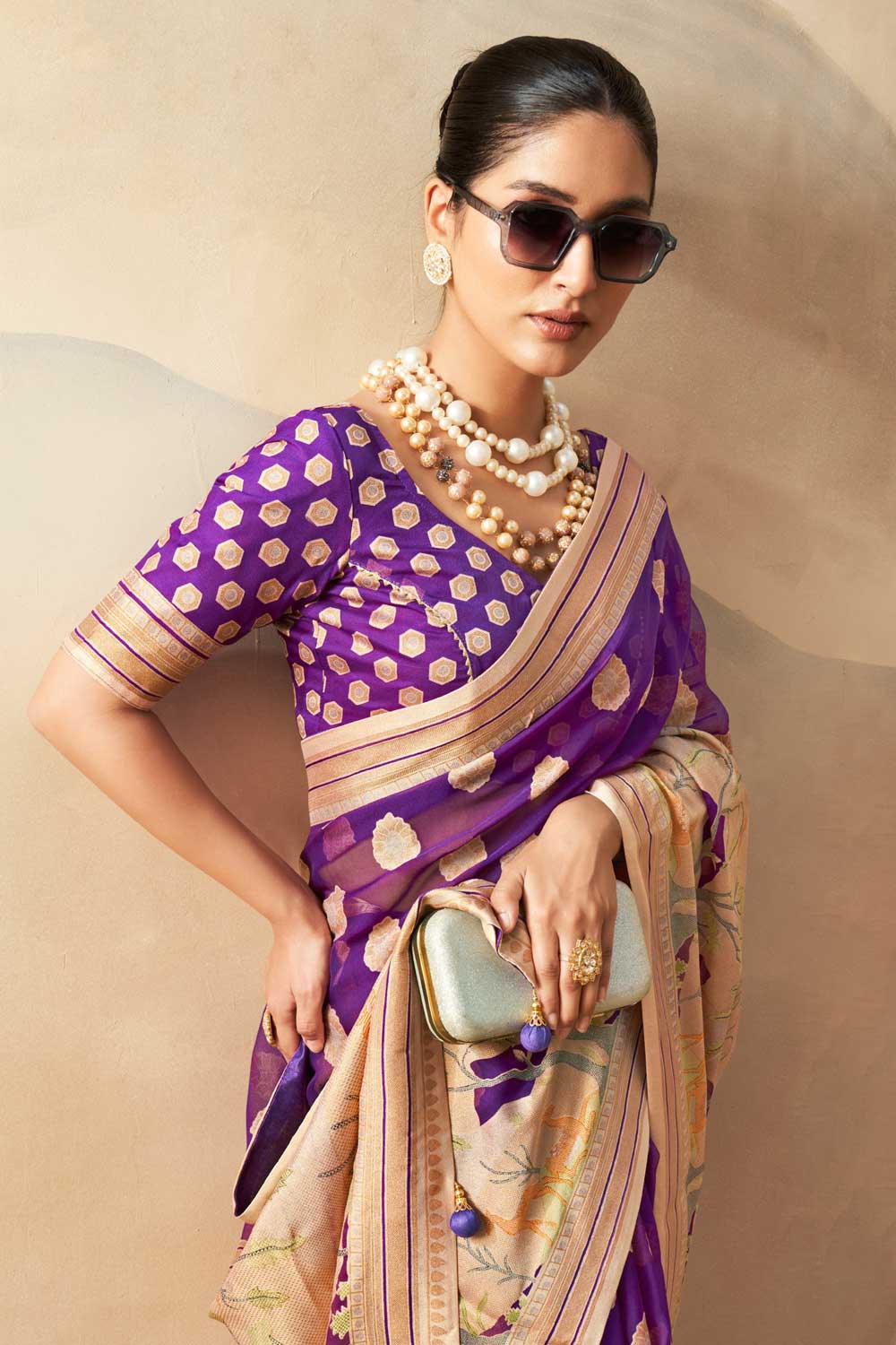 Radiant Printed Work On Purple Color Georgette Fabric Saree