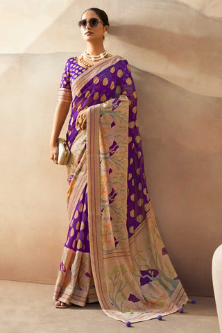 Radiant Printed Work On Purple Color Georgette Fabric Saree