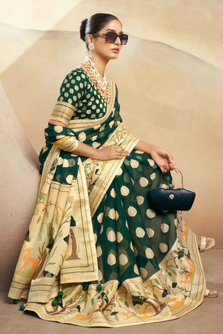 Excellent Georgette Fabric Dark Green Color Saree With Printed Work