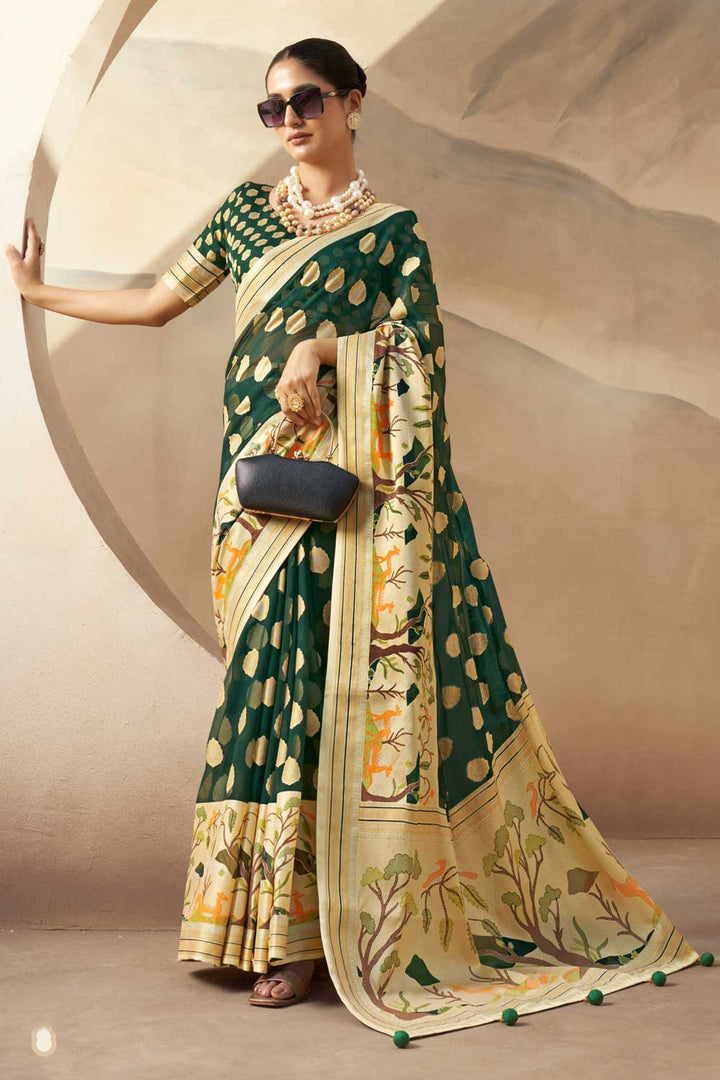 Excellent Georgette Fabric Dark Green Color Saree With Printed Work | Buy Online India