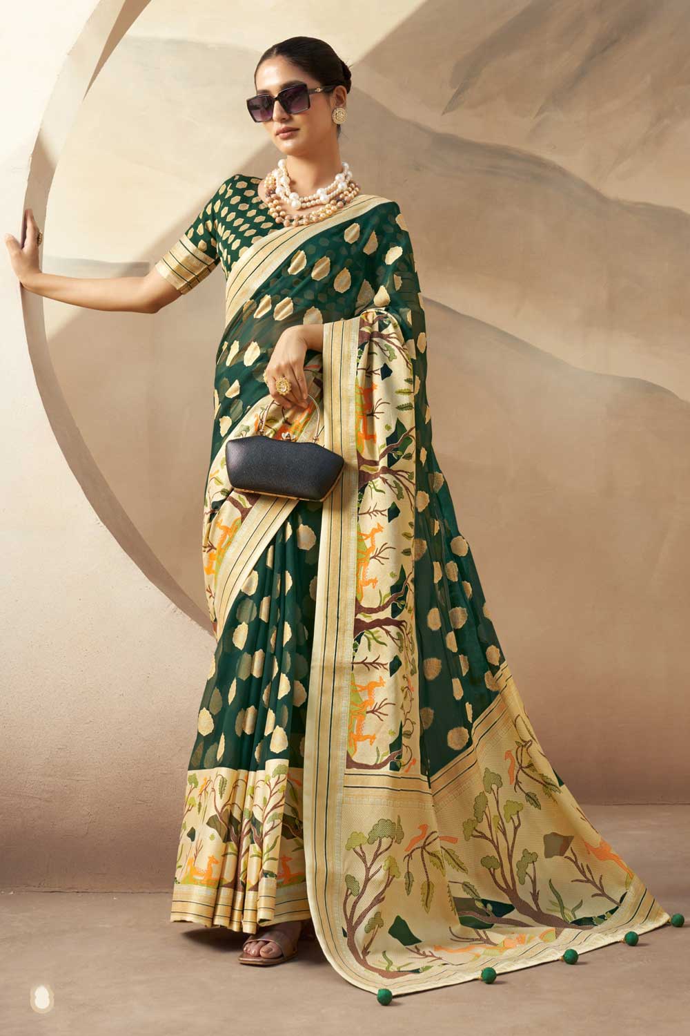 Excellent Georgette Fabric Dark Green Color Saree With Printed Work