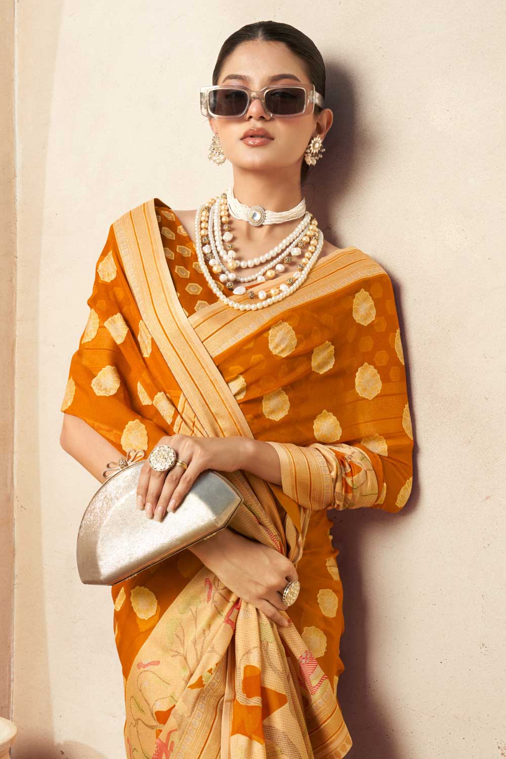 Mustard Color Printed Work On Georgette Fabric Beatific Saree