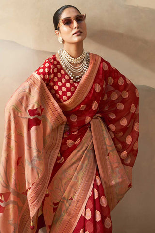 Beguiling Printed Work On Red Color Georgette Fabric Saree