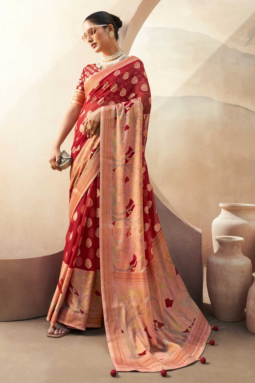 Beguiling Printed Work On Red Color Georgette Fabric Saree