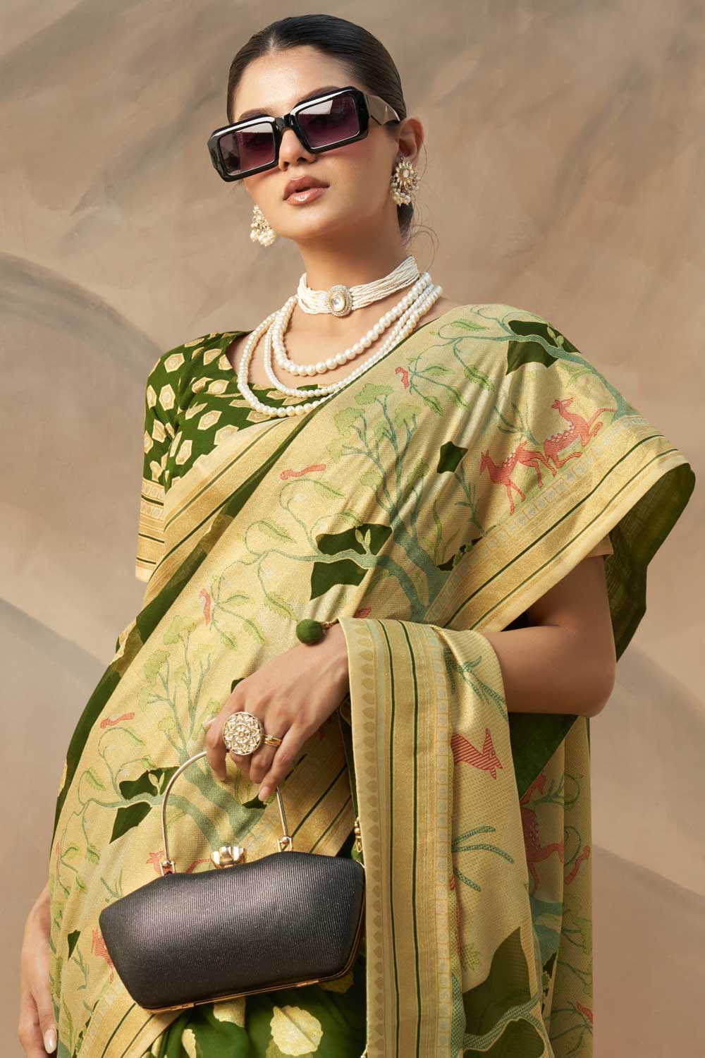 Incredible Printed Work On Georgette Fabric Green Color Saree