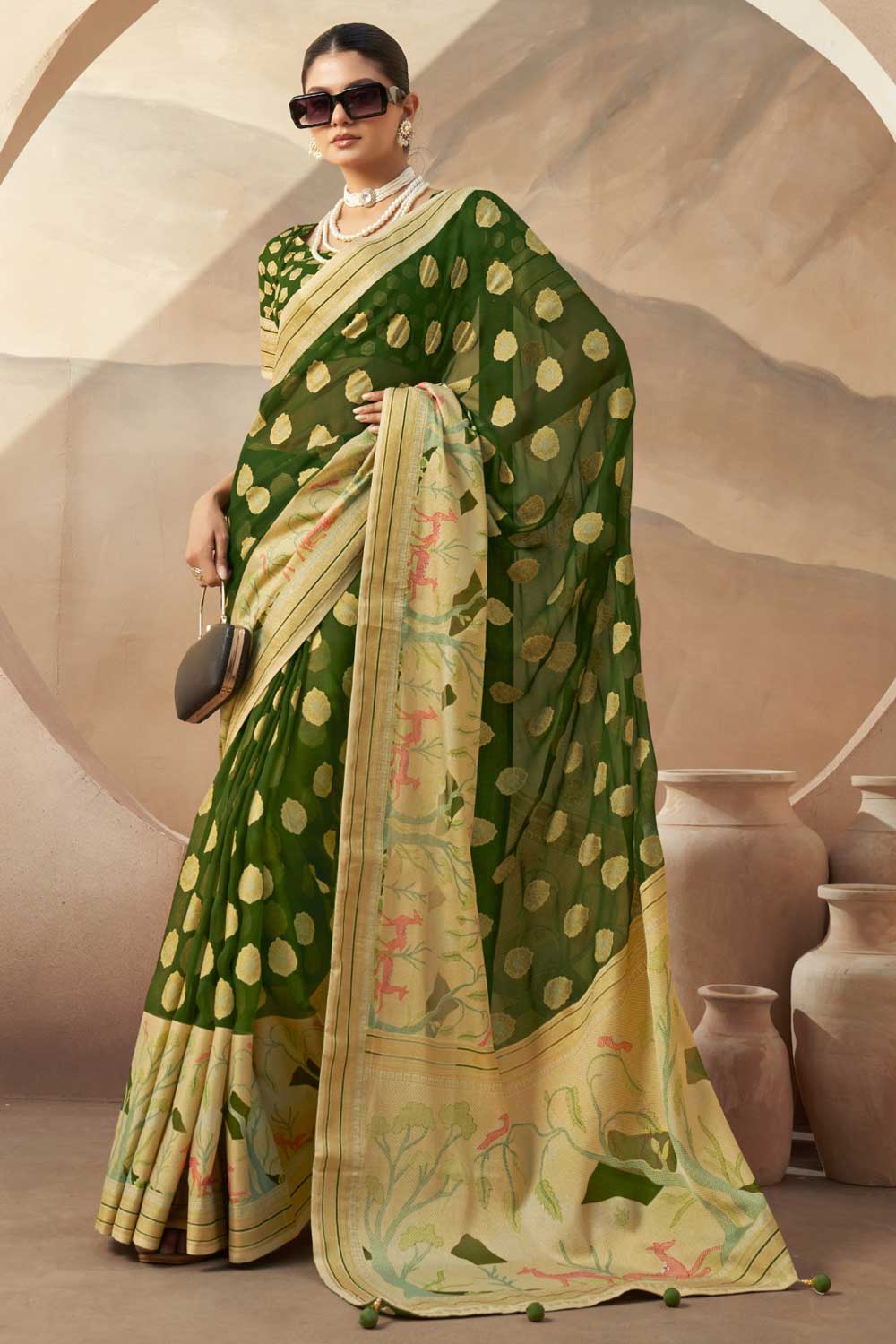 Incredible Printed Work On Georgette Fabric Green Color Saree