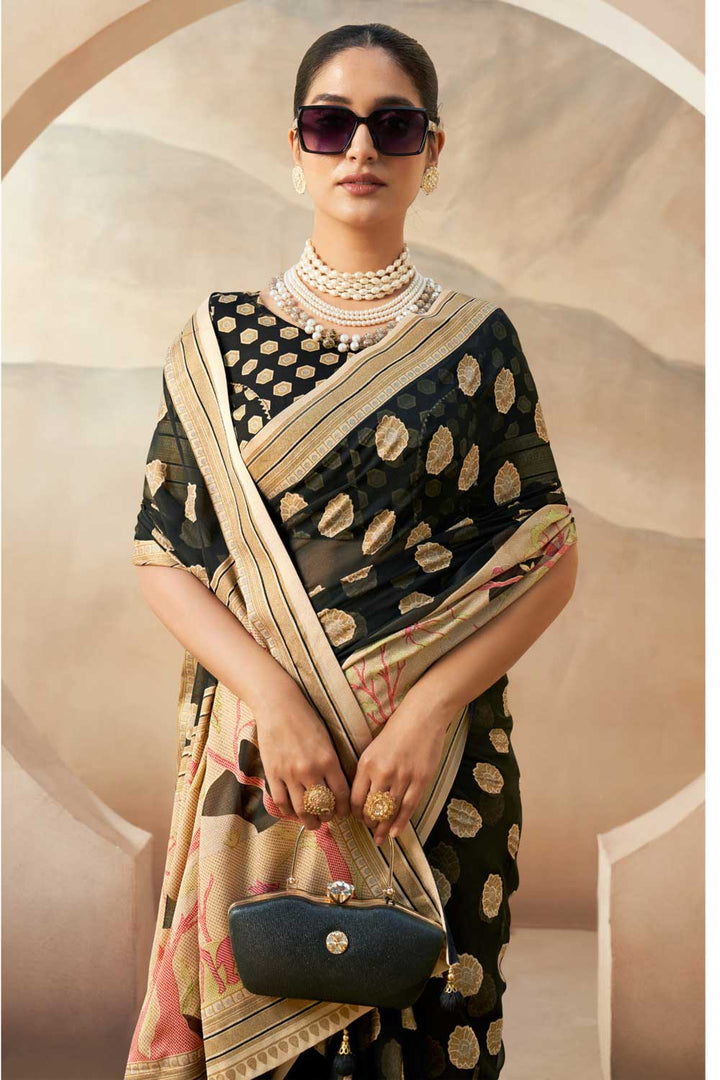Dazzling Printed Work On Black Color Saree In Georgette Fabric | Buy Online India