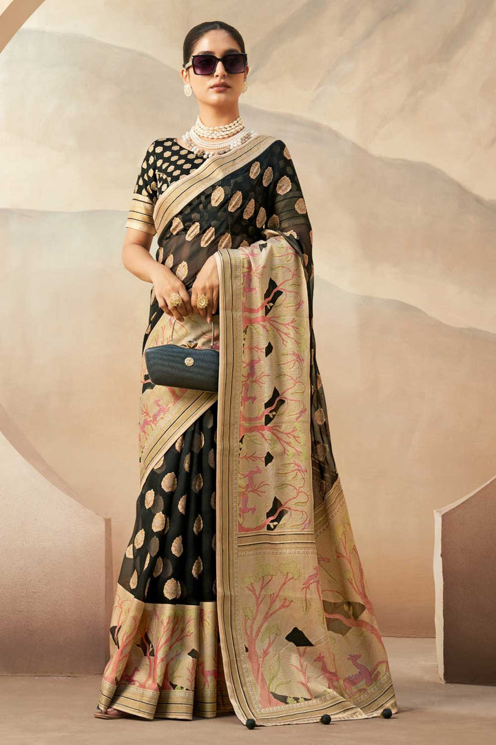Dazzling Printed Work On Black Color Saree In Georgette Fabric | Buy Online India